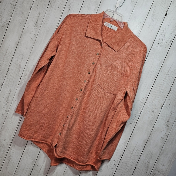 Free People Beach Orange Oversized Button Up Cotton Linen Sweater Size Medium. - Picture 2 of 8